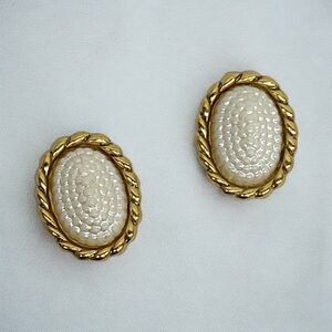 Gold Tone Faux Pearls Earrings Rope Textured Oval Fashion Jewelry